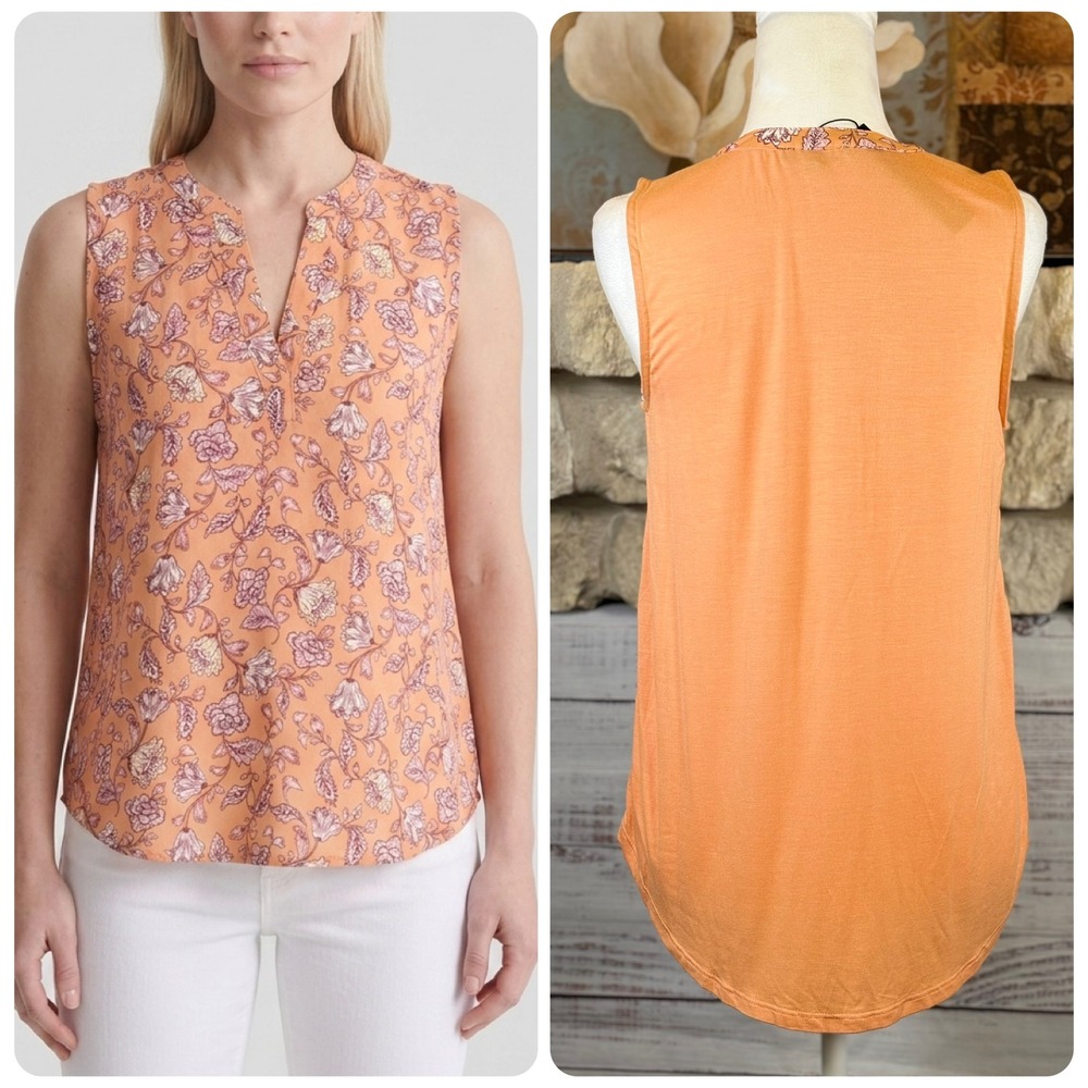 NWT Papermoon Women XS Orange Floral Paisley‎ Sleeveless Split Neck Blouse
